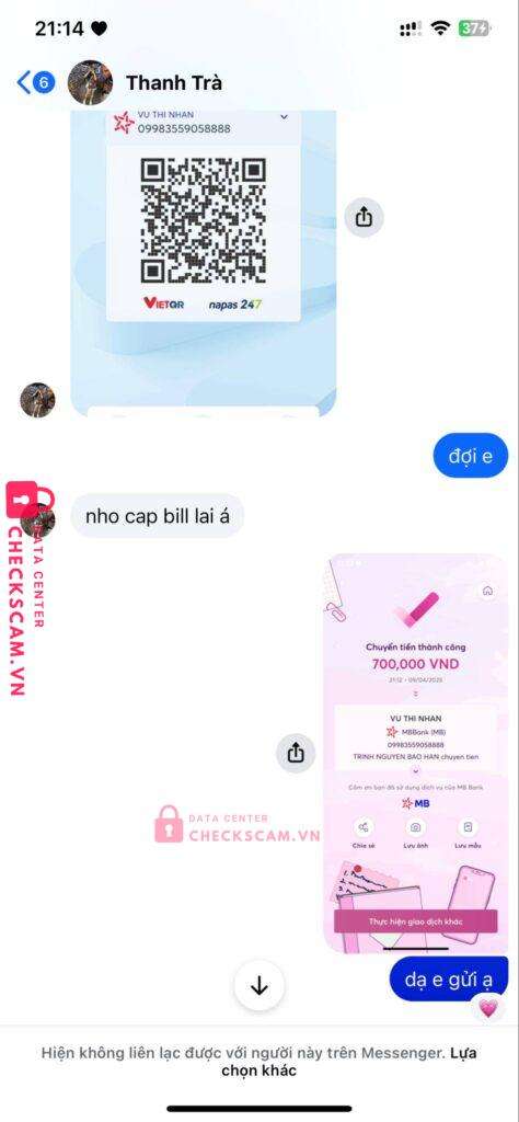 09983559058888 Vu Thi Nhan MB bị cảnh báo lừa đảo scam