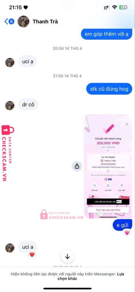 09983559058888 Vu Thi Nhan MB bị cảnh báo lừa đảo scam