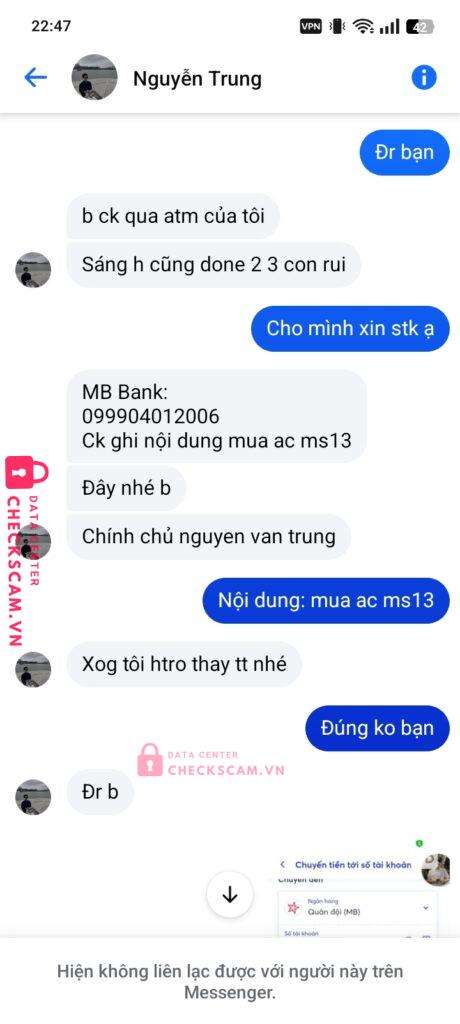 099904012006 NGUYEN VAN TRUNG MB bị cảnh báo lừa đảo scam