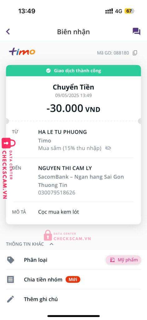 030079518626 Nguyen Thi Cam Ly Sacombank bị cảnh báo lừa đảo scam