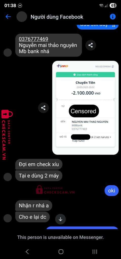 0376777469 Nguyen Mai Thao Nguyen MB bị cảnh báo lừa đảo scam