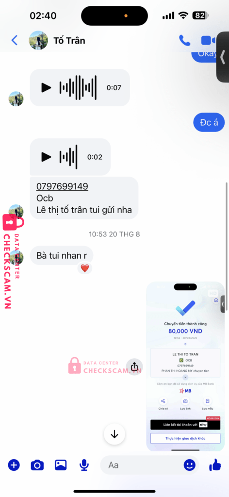 0797699149 Le Thi To Tran OCB bị cảnh báo lừa đảo scam