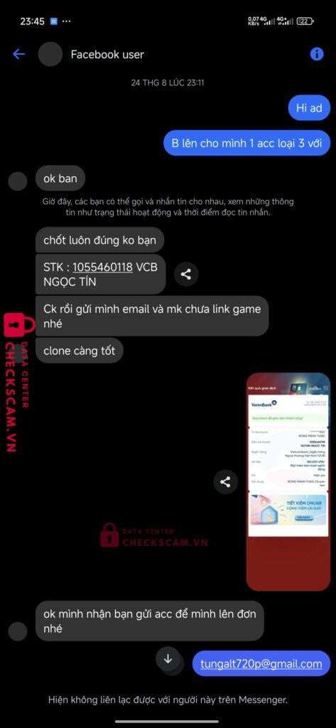 1055460118 Huynh Ngoc Tin VCB bị cảnh báo lừa đảo scam