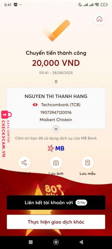 19073947120016 Nguyen Thi Thanh Hang Techcombank bị cảnh báo lừa đảo scam