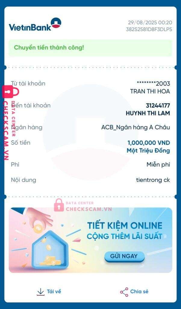 31244177 Huynh Thi Lam ACB bị cảnh báo lừa đảo scam