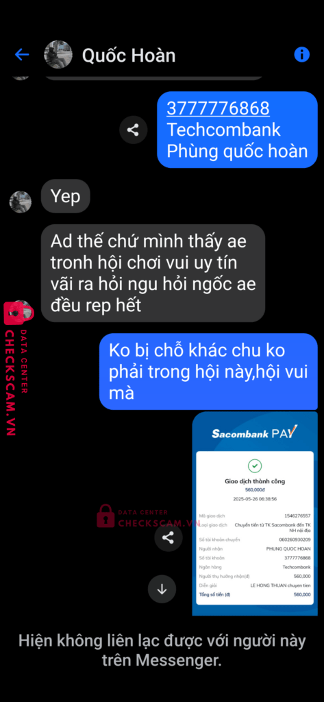 3777776868 Phung Quoc Hoan Techcombank bị cảnh báo lừa đảo scam