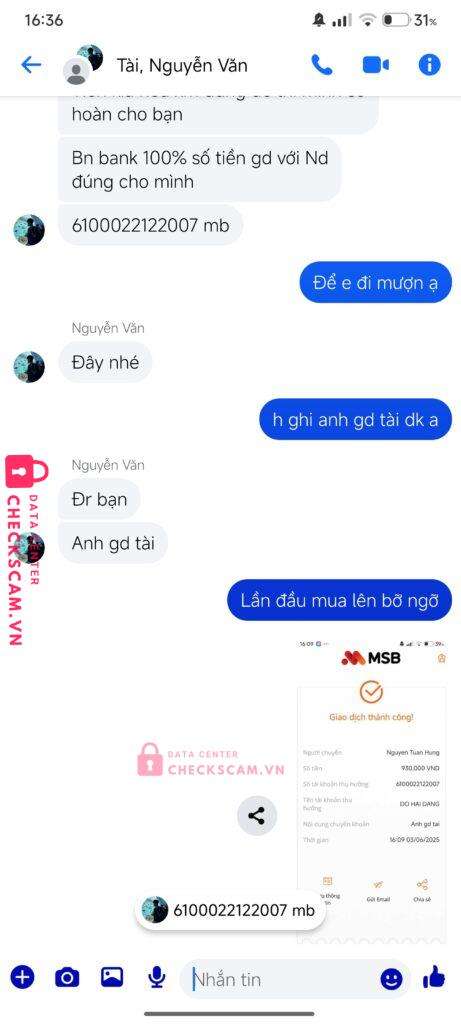 6100022122007 Do Hai Dang MB bị cảnh báo lừa đảo scam