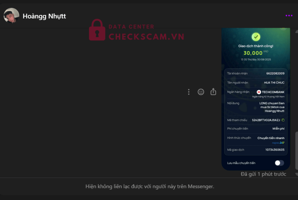 6622082009 Hua Thi Chuc Techcombank bị cảnh báo lừa đảo scam