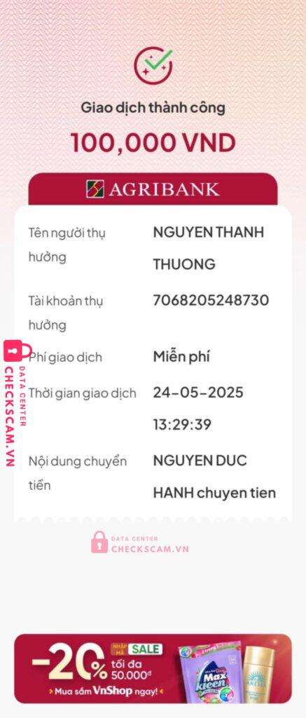 7068205248730 Nguyen Thanh Thuong Agribank bị cảnh báo lừa đảo scam