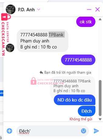 77774548888 Pham Duy Anh TP Bank bị cảnh báo lừa đảo scam