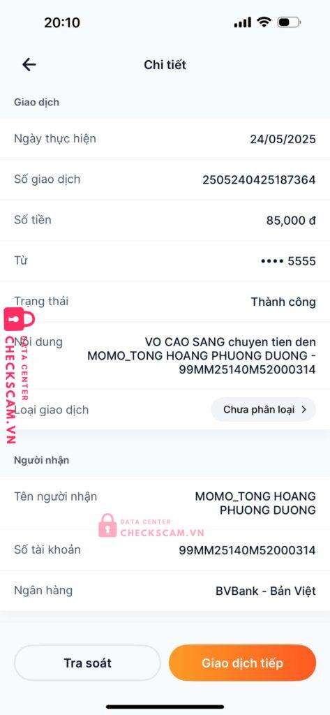 99MM25140M52000314 Tong Hoang Phuong Duong BV BANK bị cảnh báo lừa đảo scam