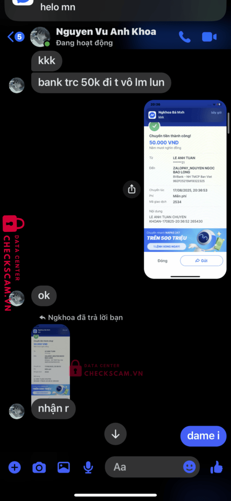 99ZP25215M19322325 Nguyen Ngoc Bao Long BV BANK bị cảnh báo lừa đảo scam