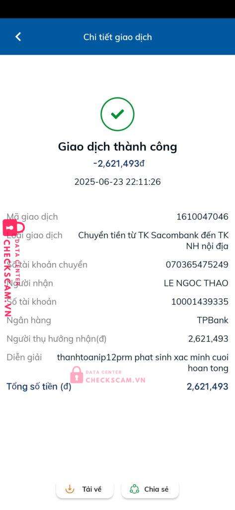 10001439335 LE NGOC THAO TP Bank bị cảnh báo lừa đảo scam