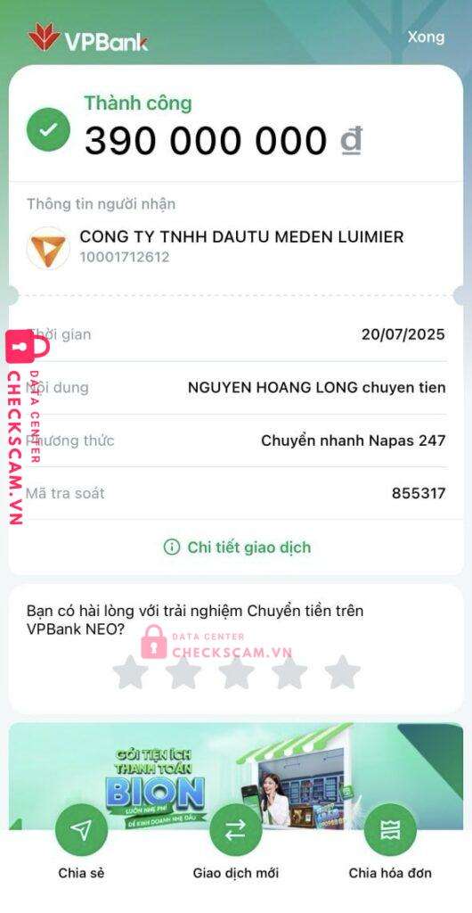 10001712612 DAUTU MEDEN LUIMIER TP BANK bị cảnh báo lừa đảo scam