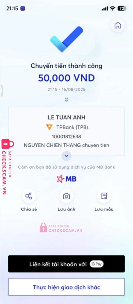 10001812632 LE TUAN ANH TP BANK bị cảnh báo lừa đảo scam