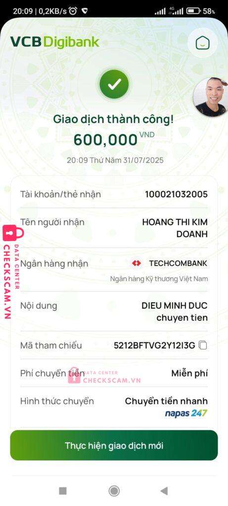 100021032005 HOANG THI KIM DOANH TECHCOMBANK bị cảnh báo lừa đảo scam