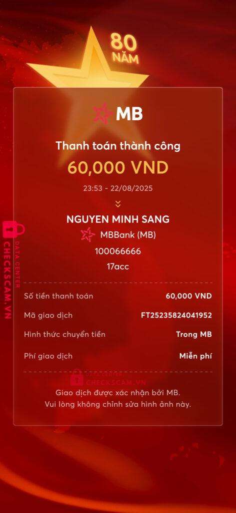 100066666 Nguyen Minh Sang MB bị cảnh báo lừa đảo scam