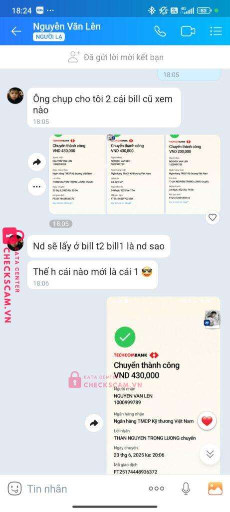1000999789 NGUYEN VAN LEN Techcombank bị cảnh báo lừa đảo scam