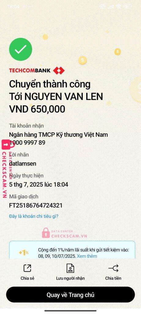 1000999789 NGUYEN VAN LEN Techcombank bị cảnh báo lừa đảo scam