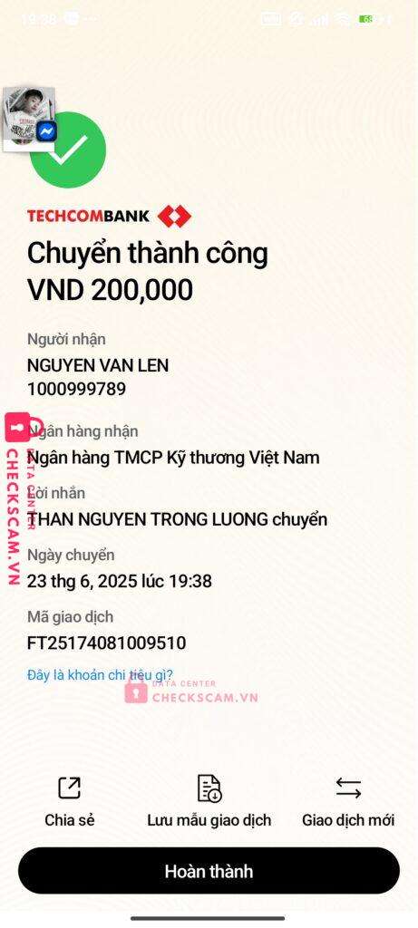 1000999789 NGUYEN VAN LEN Techcombank bị cảnh báo lừa đảo scam
