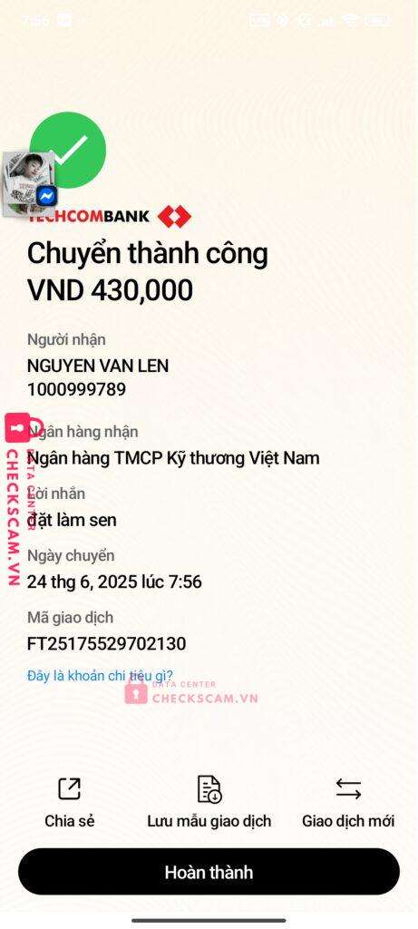 1000999789 NGUYEN VAN LEN Techcombank bị cảnh báo lừa đảo scam