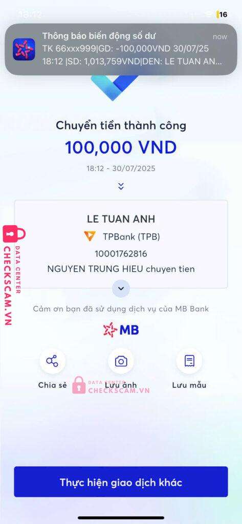 1001762816 LE TUAN ANH TP Bank bị cảnh báo lừa đảo scam