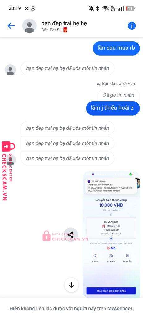 1002580258012 LE VAN HUY MB bị cảnh báo lừa đảo scam