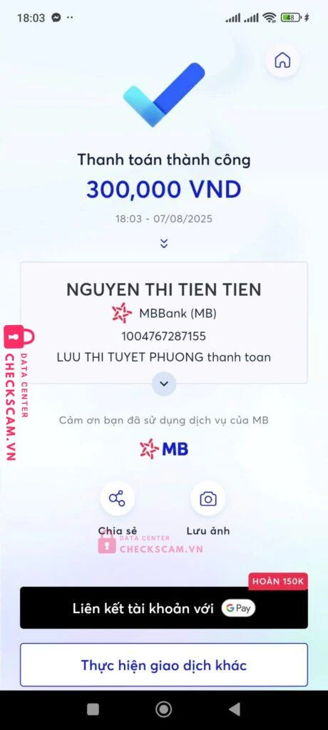 1004767287155 NGUYEN THI TIEN TIEN MB bị cảnh báo lừa đảo scam