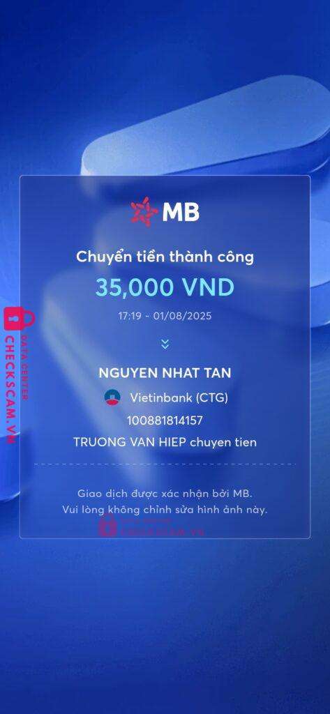 100881814157 NGUYEN NHAT TAN MB bị cảnh báo lừa đảo scam