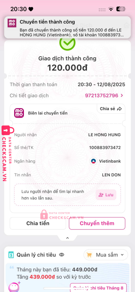 100883973472 LE HONG HUNG Vietinbank bị cảnh báo lừa đảo scam