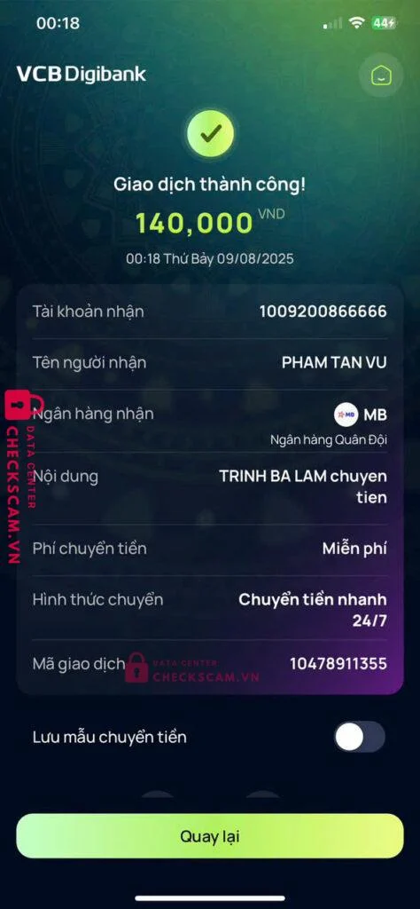 10092008666666 PHAM TAN VU MB bị cảnh báo lừa đảo scam
