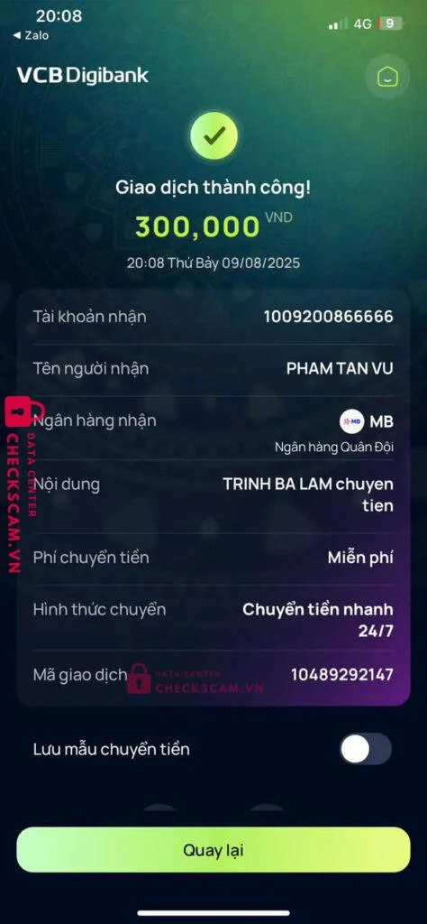 10092008666666 PHAM TAN VU MB bị cảnh báo lừa đảo scam