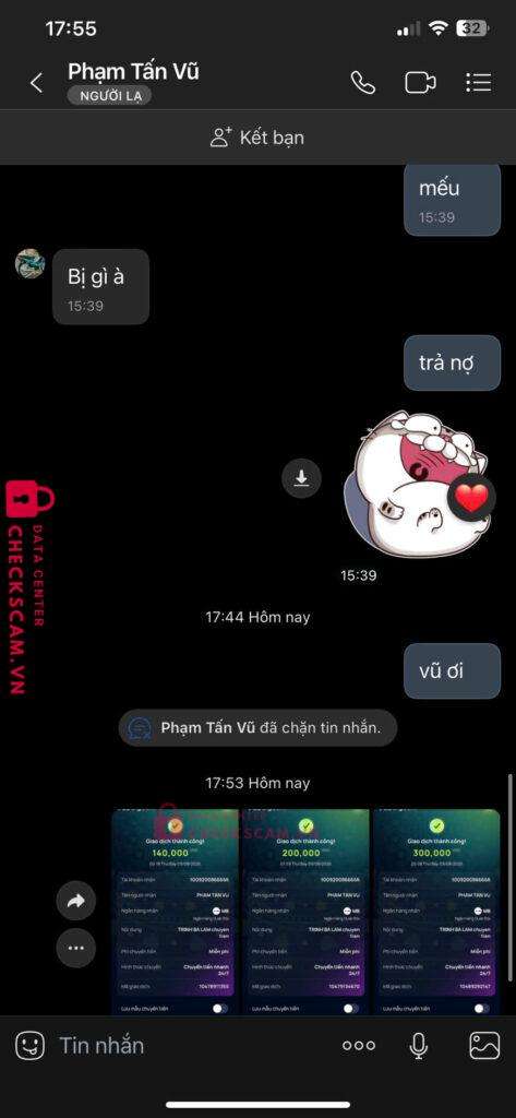 10092008666666 PHAM TAN VU MB bị cảnh báo lừa đảo scam
