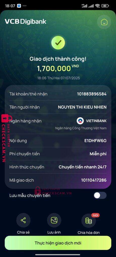 101883896584 NGUYEN THI KIEU NHIEN Vietinbank bị cảnh báo lừa đảo scam
