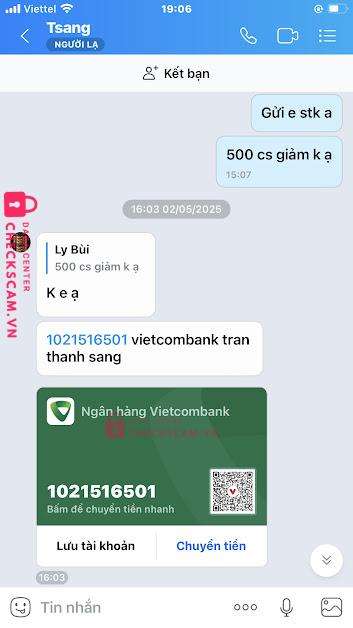 1021516501 Tran Thanh Sang VCB bị cảnh báo lừa đảo scam