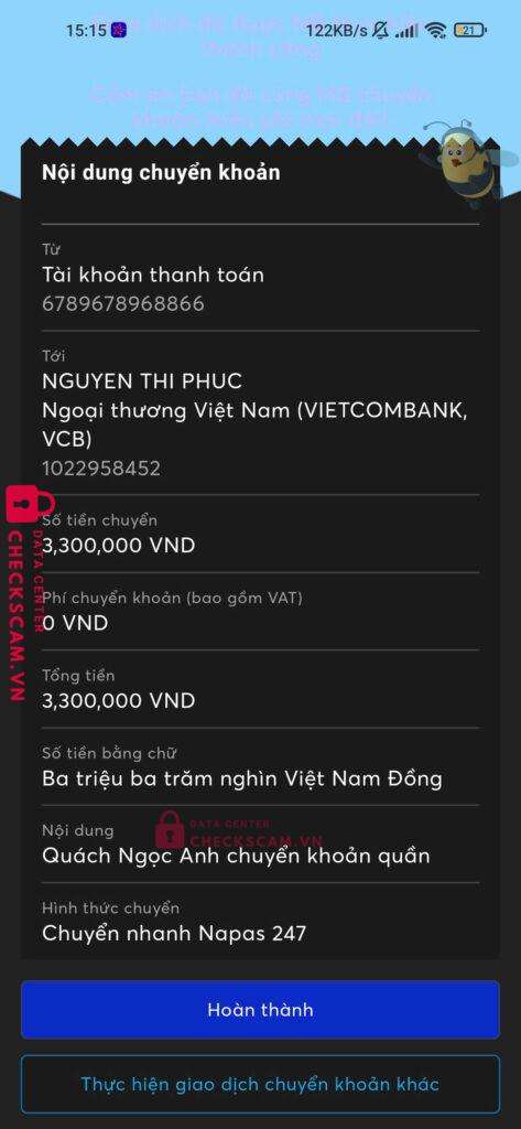 1022958452 NGUYEN THI PHUC VCB bị cảnh báo lừa đảo scam