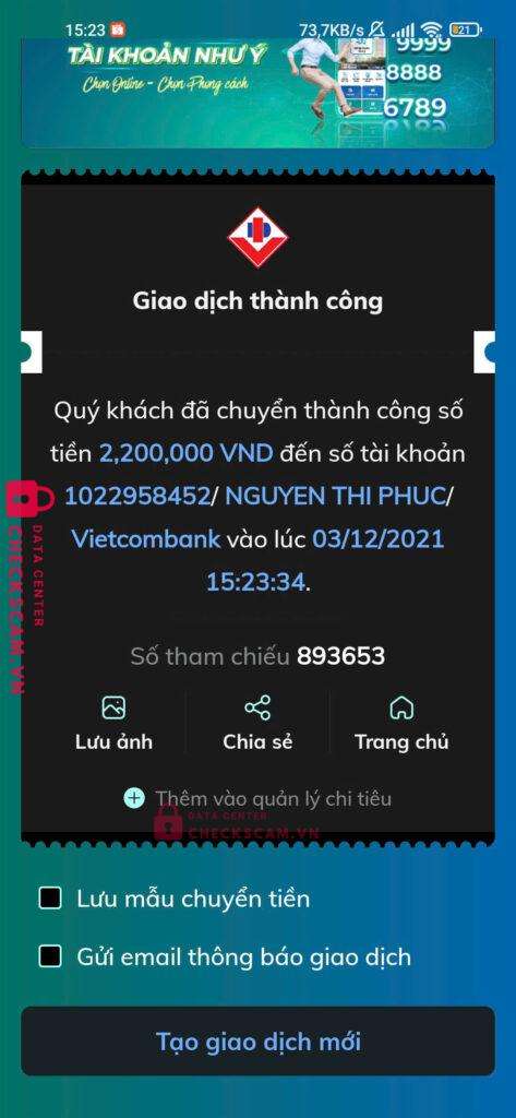 1022958452 NGUYEN THI PHUC VCB bị cảnh báo lừa đảo scam