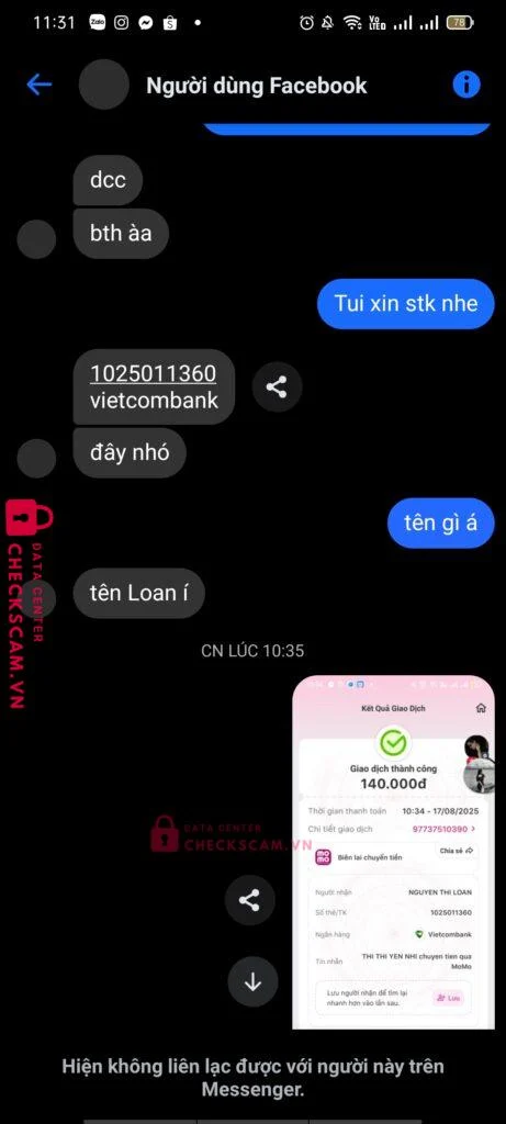1025011360 NGUYEN THI LOAN VCB bị cảnh báo lừa đảo scam