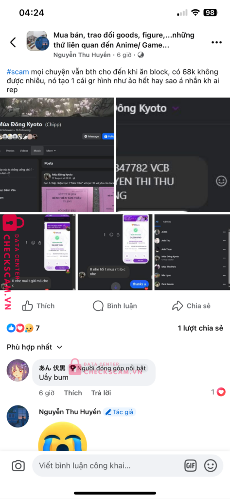 1026847782 NGUYEN THI THU SUONG VCB bị cảnh báo lừa đảo scam
