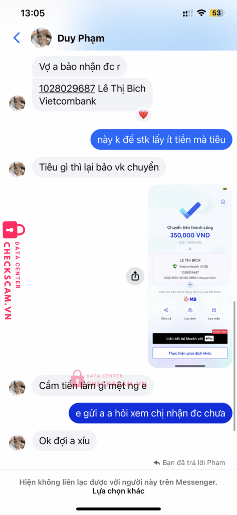 1028029687 LE THI BICH VCB bị cảnh báo lừa đảo scam