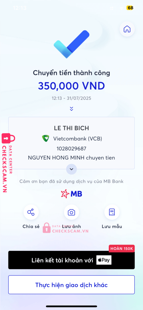 1028029687 LE THI BICH VCB bị cảnh báo lừa đảo scam