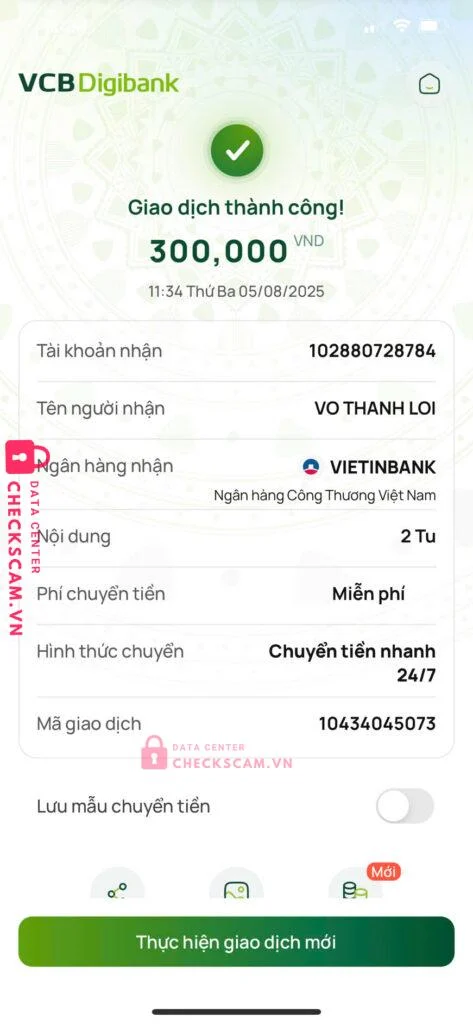102880728784 VO THANH LOI Vietinbank bị cảnh báo lừa đảo scam