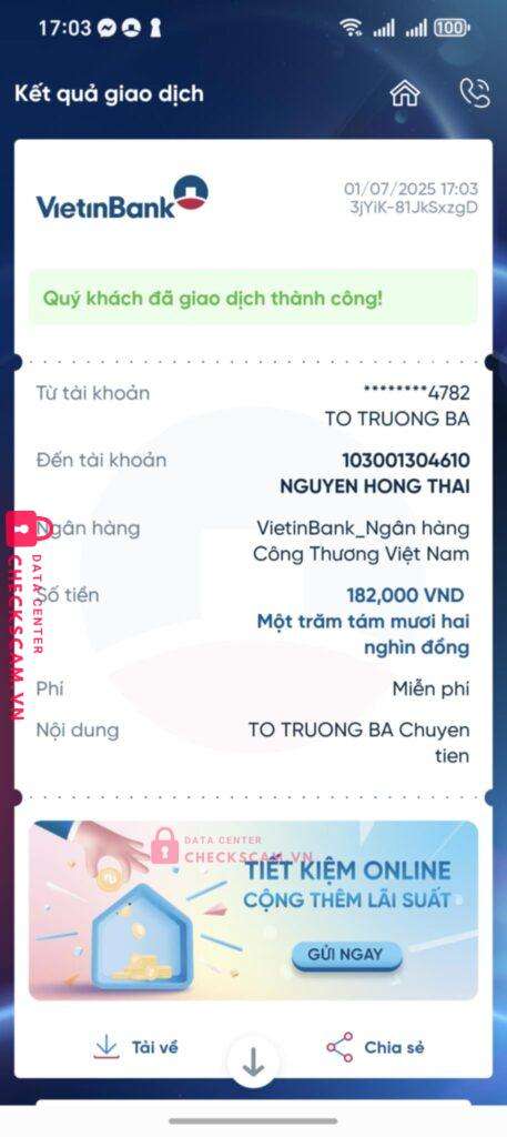 103001304610 NGUYEN HONG THAI Vietinbank bị cảnh báo lừa đảo scam