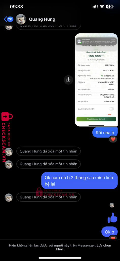 1031572094 VU DUC HUNG VCB bị cảnh báo lừa đảo scam