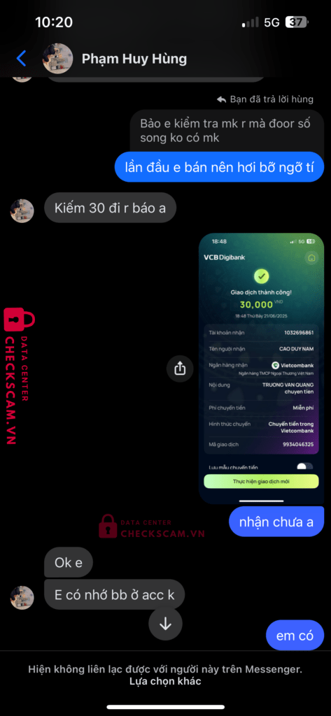 1032696861 CAO DUY NAM VCB bị cảnh báo lừa đảo scam