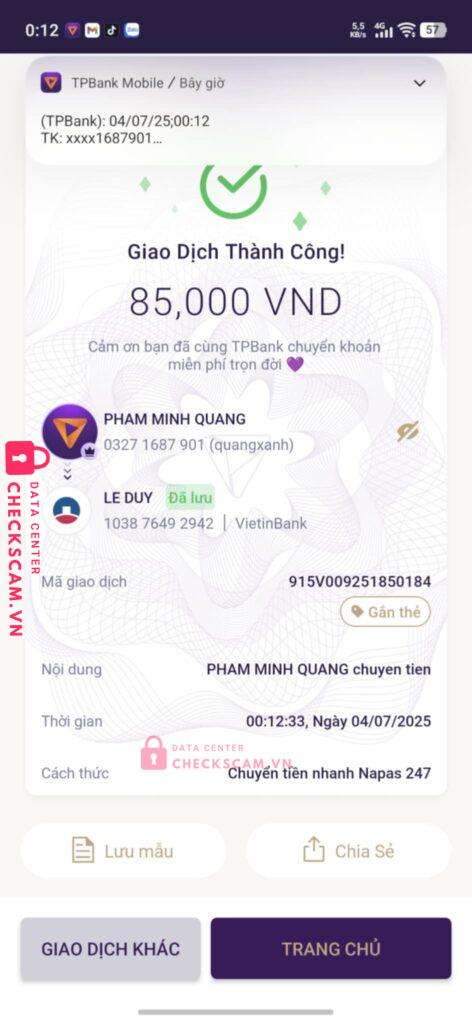 103876492942 LE DUY Vietinbank bị cảnh báo lừa đảo scam