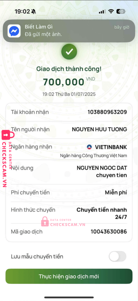 103880963209 NGUYEN HUU TUONG Vietinbank bị cảnh báo lừa đảo scam