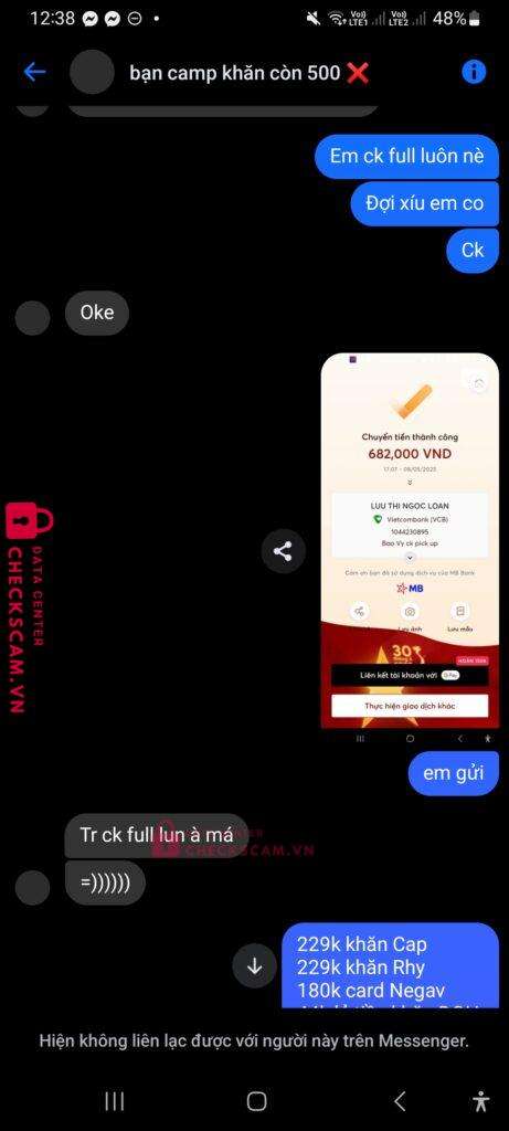 1044230895 Luu Thi Ngoc Loan VCB bị cảnh báo lừa đảo scam