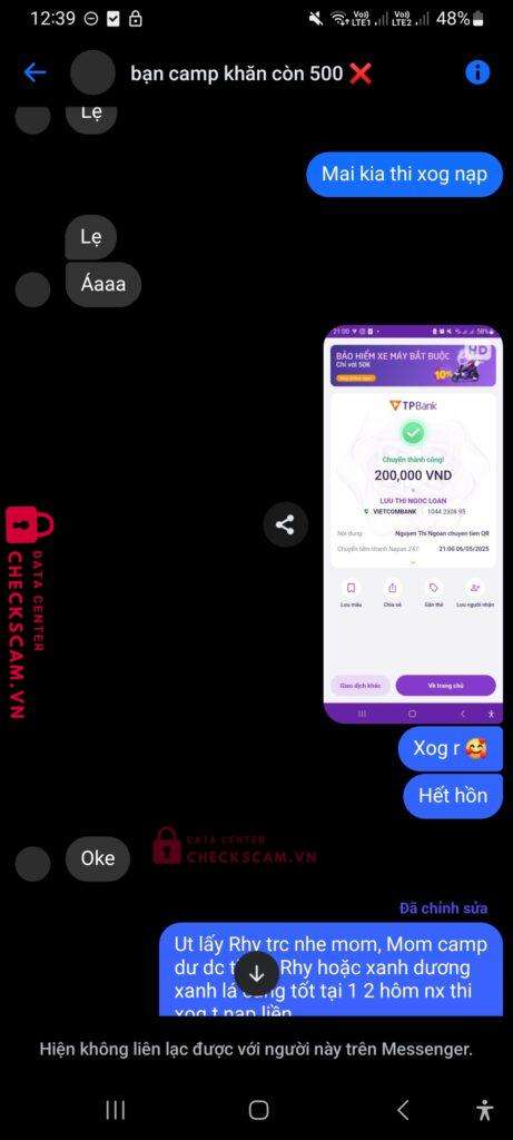 1044230895 Luu Thi Ngoc Loan VCB bị cảnh báo lừa đảo scam