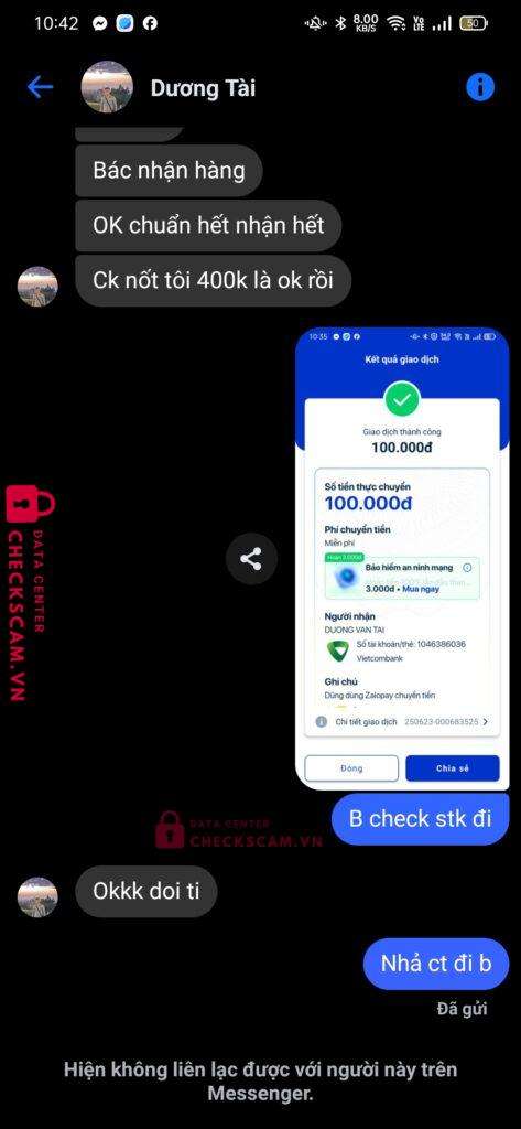 1046386036 DUONG VAN TAI VCB bị cảnh báo lừa đảo scam